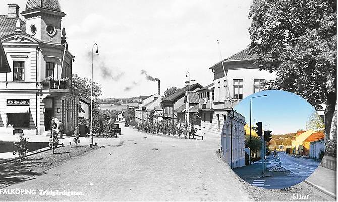 svartvitt foto av Nya Trädgårdsgatan från 1900-talets början. Rök ur en fabriksskorsten och människor på gatan.