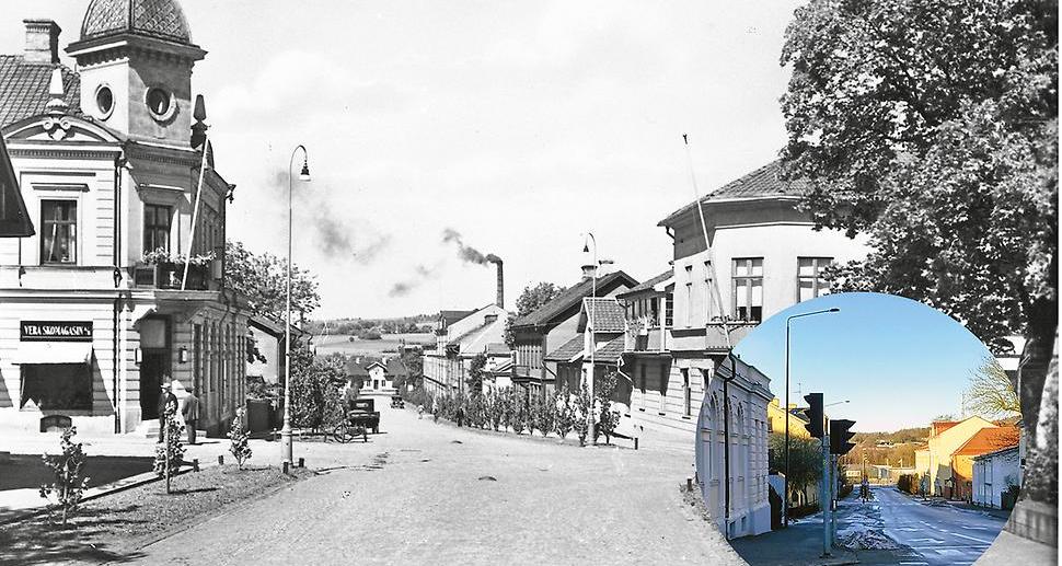 svartvitt foto av tradgårdsgatan från tidigt 1900-tal, med infällt foto från idag